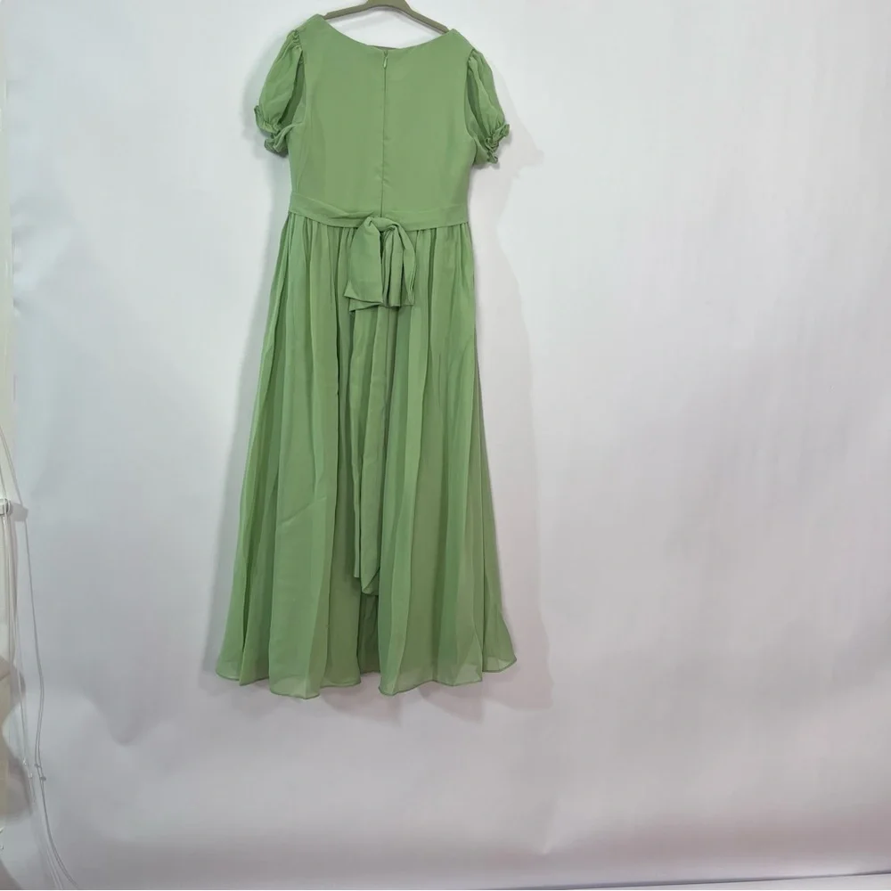 Sage Green Girls Puffed Sleeves Belted Dress w/ detachable bow in back NWT